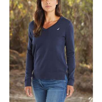 Nautica Women's Effortless J-Class Long Sleeve 100% Cotton V-Neck Sweater, Navy, Large