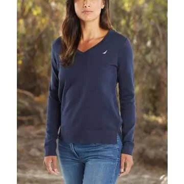 Nautica Women's Effortless J-Class Long Sleeve 100% Cotton V-Neck Sweater, Navy, Large