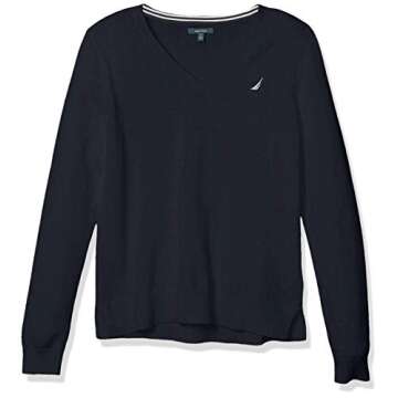 Nautica Women's Effortless J-Class Long Sleeve 100% Cotton V-Neck Sweater, Navy, Large