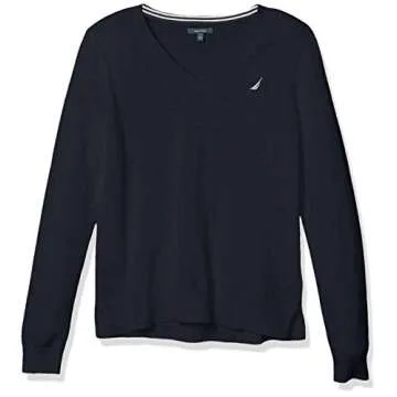 Nautica Women's Effortless J-Class Long Sleeve 100% Cotton V-Neck Sweater, Navy, Large