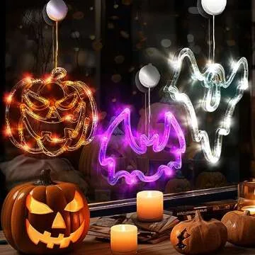 Halloween Decorations Lights 3 Pack,Battery Powered Hanging Halloween Window Lights,Halloween Decorations LED Lights with Suction Cup Hooks with Slow Fade and Timer Function (Pumpkin,Bat,Ghost)