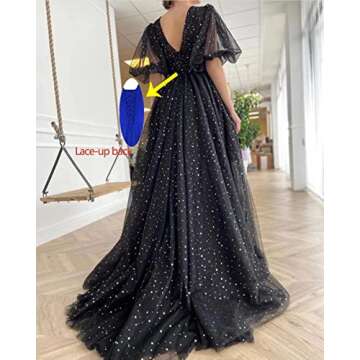 Xijun Women's Sparkle Starry Tulle Puffy Sleeve Prom Dresses for Women V-Neck Long Sleeve Bodice Plu...