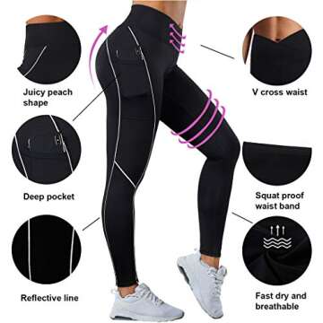 SUUKSESS Women Reflective High Waisted Running Leggings with Pockets Cross Waist Yoga Pants (Black, M)