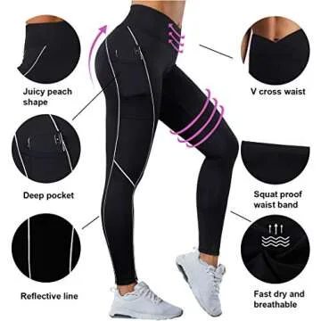 SUUKSESS Women Reflective High Waisted Running Leggings with Pockets Cross Waist Yoga Pants (Black, M)