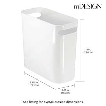 mDesign Plastic Small Trash Can, 1.5 Gallon/5.7-Liter Wastebasket, Narrow Garbage Bin, Handles for Bathroom, Laundry, Home Office - Holds Waste, Recycling, 10" High, Aura Collection, 4 Pack, White