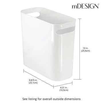 mDesign Plastic Small Trash Can, 1.5 Gallon/5.7-Liter Wastebasket, Narrow Garbage Bin, Handles for Bathroom, Laundry, Home Office - Holds Waste, Recycling, 10" High, Aura Collection, 4 Pack, White