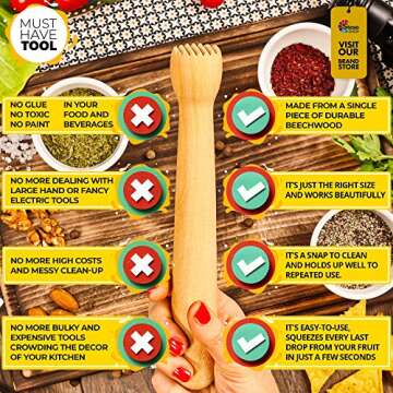 Steso Bar Muddler Wood - Cocktail Mojito Muddler Bar tool Drink Mint Lime - Best Muddler herb lemon garlic Crusher - Durable Stable Powerful - Muddler for Cocktails - Pestle Bar