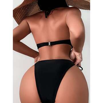 OYOANGLE Pearl Bead Tie Back Halter Bikini Swimsuit