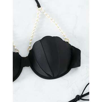 OYOANGLE Pearl Bead Tie Back Halter Bikini Swimsuit