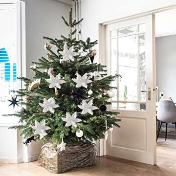 WESAIL Christmas Tree Picks, Xmas Stem White Plush Poinsettia Flowers for Holiday Decorations, Buffalo Check Pattern Ornament for Xmas Tree Topper Decor, 4pcs per Pack