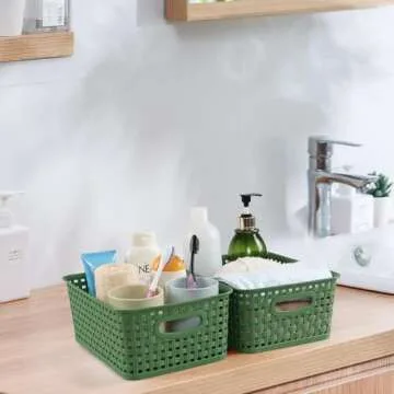 Taysisiter Plastic Woven Storage Baskets, Plastic Storage Baskets for Organizing, Deep Green, 6 Packs