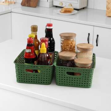 Taysisiter Plastic Woven Storage Baskets, Plastic Storage Baskets for Organizing, Deep Green, 6 Packs