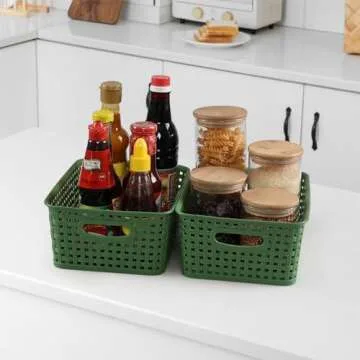 Taysisiter Plastic Woven Storage Baskets, Plastic Storage Baskets for Organizing, Deep Green, 6 Packs