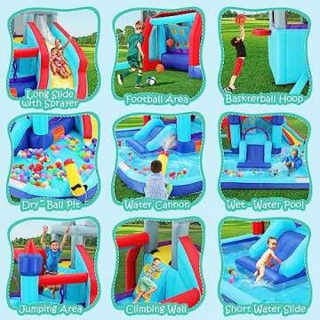 Whubefy Inflatable Bounce House Water Slide Combo for Kids, 10 in 1 Blow Up Water Park with 580W Blower, 2 Slides with Sprinkler, Water Cannon, Climbing Wall, Football Goal for Backyard Party Gifts