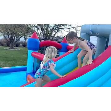 Whubefy Inflatable Bounce House Water Slide Combo for Kids, 10 in 1 Blow Up Water Park with 580W Blower, 2 Slides with Sprinkler, Water Cannon, Climbing Wall, Football Goal for Backyard Party Gifts