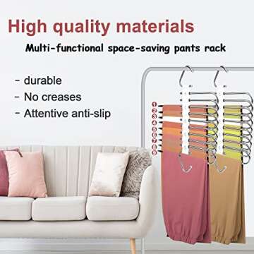 2PC Upgrade 9 Layers Pants Hangers Space Saving, Multifunctional Non Slip Pants Rack for Closet Organizers Storage with Hooks, for Jeans,Leggings,Trousers Skirts, College Dorm Room Essentials