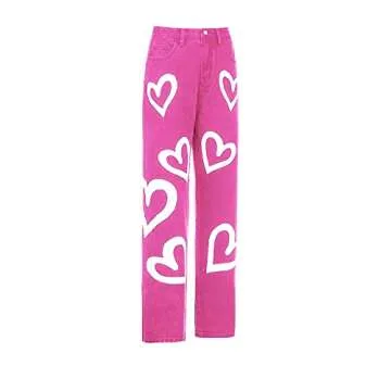 Women's High Waist Heart Print Wide Leg Loost Fit Vintage Boyfriend Jeans Teen Girls Streetwear Denim Pants Pink