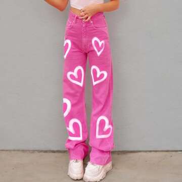 Women's High Waist Heart Print Wide Leg Loost Fit Vintage Boyfriend Jeans Teen Girls Streetwear Denim Pants Pink