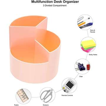 Siveit Desk Pencil Pen Holder, Desk Organizers 3 Slots 360-Degree Rotating Pen Holder for Desktop Storage Stationery Supplies Organizer, Home, Office, School, Kids, Peach Pink