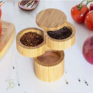 Totally Bamboo Triple Salt Cellar, 3 Tier Bamboo Kitchen Salt and Pepper Storage Box with Magnetic Swivel Lids