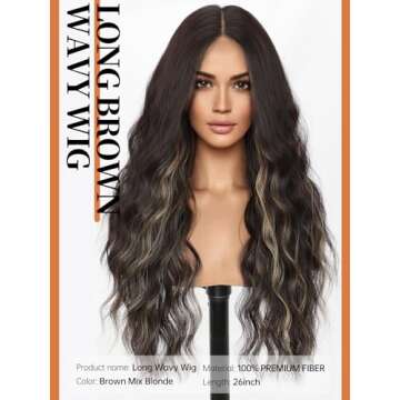 AISI HAIR Long Brown Highlight Wavy Wig for Women, Middle Part Lace Curly Wavy Wig Brown Mix Blonde Synthetic Heat Resistant Fiber Hair Full Wig for Daily Use