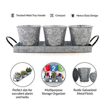 Bison Home Goods Planter Pots and Tray (Vintage) Caddy, 3 Buckets w/Twisted Metal Handles | Windowsill Planter, Succulents, Herbs, Arts and Crafts | Farmhouse Decor & Kitchen Organizers