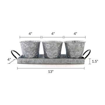Bison Home Goods Planter Pots and Tray (Vintage) Caddy, 3 Buckets w/Twisted Metal Handles | Windowsill Planter, Succulents, Herbs, Arts and Crafts | Farmhouse Decor & Kitchen Organizers