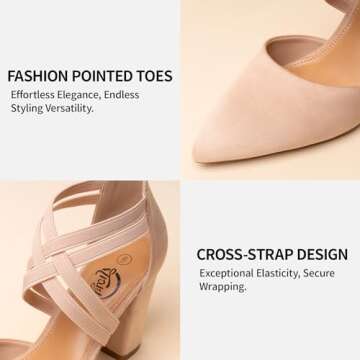Trary Nude Heels for Women, Chunky Heels for Women, Closed Pointed Toe Heels Womens Pumps Elastic Double Crisscross Strap Low Heel Pumps for Women 3.5 Inch Heels Dress Shoes for Women