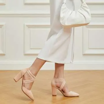 Trary Nude Heels for Women, Chunky Heels for Women, Closed Pointed Toe Heels Womens Pumps Elastic Double Crisscross Strap Low Heel Pumps for Women 3.5 Inch Heels Dress Shoes for Women