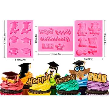 Whaline 3 Pack Graduation Fondant Molds - Silicone Graduation Cap Gnome Owl Designs