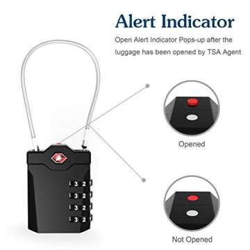 TSA Approved Locks for Luggage, 2 Pack Combination Travel Steel Cable Lock, Re-settable 4 Digit Padlocks with Inspection Indicator, Alloy Body Keyless Padlock for Lockers, Backpacks, Bags - Black