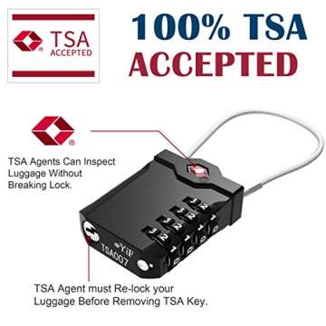TSA Approved Locks for Luggage, 2 Pack Combination Travel Steel Cable Lock, Re-settable 4 Digit Padlocks with Inspection Indicator, Alloy Body Keyless Padlock for Lockers, Backpacks, Bags - Black