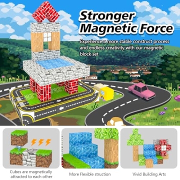 WSHIMIN 100PCS Magnetic Building Blocks for Kids Ages 4-8,Magnet STEM Sensory Toys- Mine World Build Set,Tiles Road Track,Christmas Birthday Gifts Toy