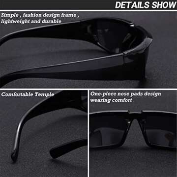 GUVIVI Wrap Around Trendy Cool Sunglasses For Women Men Fashion Black Rectangle Sunglasses Thick Chunky Sun Glasses Eyewear
