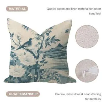 Comfortable Pillow Cover 20x20in Chenonceau Birds And Botanicals Aquamarine Decorative Throw Pillow Cases Robin Hummingbird Cardinal' Farmhouse Decor Square Linen Pillow Shams for Bedroom Chair Office