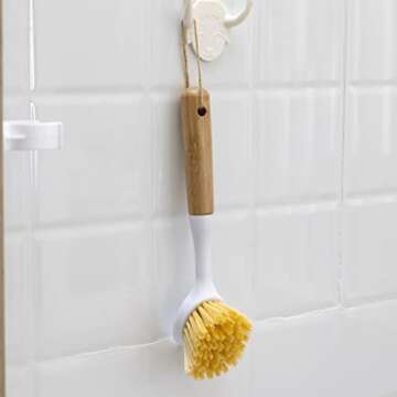 3 Pack Kitchen Dish Brush Bamboo Handle Dish Scrubber Built-in Scraper, Scrub Brush for Pans, Pots, Kitchen Sink Cleaning, Dishwashing and Cleaning Brushes are Perfect Cleaning Tools