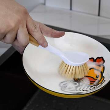 3 Pack Kitchen Dish Brush Bamboo Handle Dish Scrubber Built-in Scraper, Scrub Brush for Pans, Pots, Kitchen Sink Cleaning, Dishwashing and Cleaning Brushes are Perfect Cleaning Tools