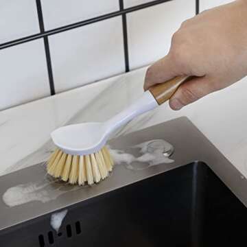 3 Pack Kitchen Dish Brush Bamboo Handle Dish Scrubber Built-in Scraper, Scrub Brush for Pans, Pots, Kitchen Sink Cleaning, Dishwashing and Cleaning Brushes are Perfect Cleaning Tools