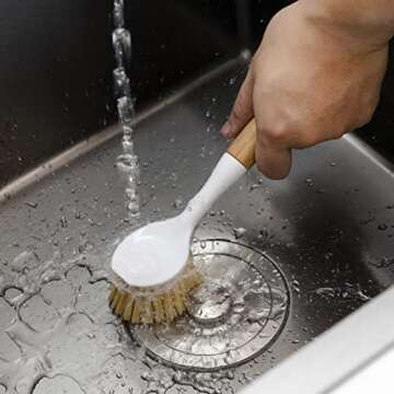 3 Pack Kitchen Dish Brush Bamboo Handle Dish Scrubber Built-in Scraper, Scrub Brush for Pans, Pots, Kitchen Sink Cleaning, Dishwashing and Cleaning Brushes are Perfect Cleaning Tools