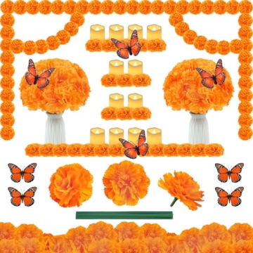 Colorful Day of The Dead Decorations Set - 50 PCS Marigolds & Butterflies