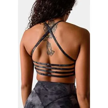 Kamo Fitness Iris Strappy Sports Bra for Women Light Support Backless Crop Top Removable Padding Open Back (Black Tie Dye, S)