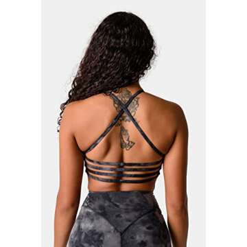 Kamo Fitness Iris Strappy Sports Bra for Women Light Support Backless Crop Top Removable Padding Open Back (Black Tie Dye, S)
