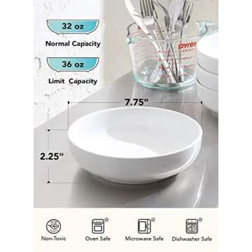LE TAUCI Pasta Bowls 32 oz, Salad Bowls and Bowls Set, Soup Bowl, Ceramic Pasta Plates - 8 Inch, Set of 4, White