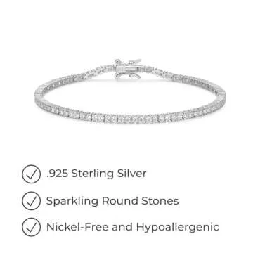 Amazon Essentials Platinum Plated Sterling Silver Round Cut Cubic Zirconia Tennis Bracelet (2mm), 7.5" (previously Amazon Collection)