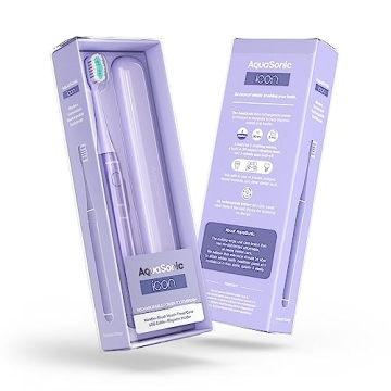 Aquasonic Icon ADA-Accepted Rechargeable Toothbrush | Magnetic Holder & Slim Travel Case | 2 Brushing Modes & Smart Timers | Gentle Micro-Vibrations (Lilac)