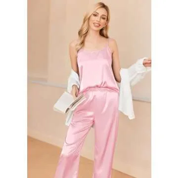Ekouaer Women Silk Satin Pajamas Sleeveless Pjs Set 2 Piece Summer Loungewear Sleepwear with Pockets Light Pink,L