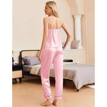 Ekouaer Women Silk Satin Pajamas Sleeveless Pjs Set 2 Piece Summer Loungewear Sleepwear with Pockets Light Pink,L