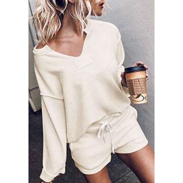 ZESICA Women's Waffle Knit Long Sleeve Top and Shorts Pullover Nightwear Lounge Pajama Set with Pockets