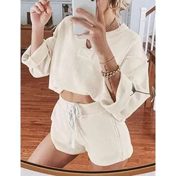 ZESICA Women's Waffle Knit Long Sleeve Top and Shorts Pullover Nightwear Lounge Pajama Set with Pockets