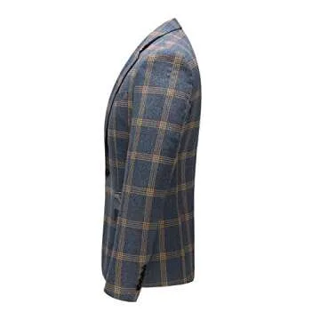Mens Casual Plaid Blazer Jacket Slim Fit Sports Coat One Button Tuxedo Jacket for Men Yellow Blue